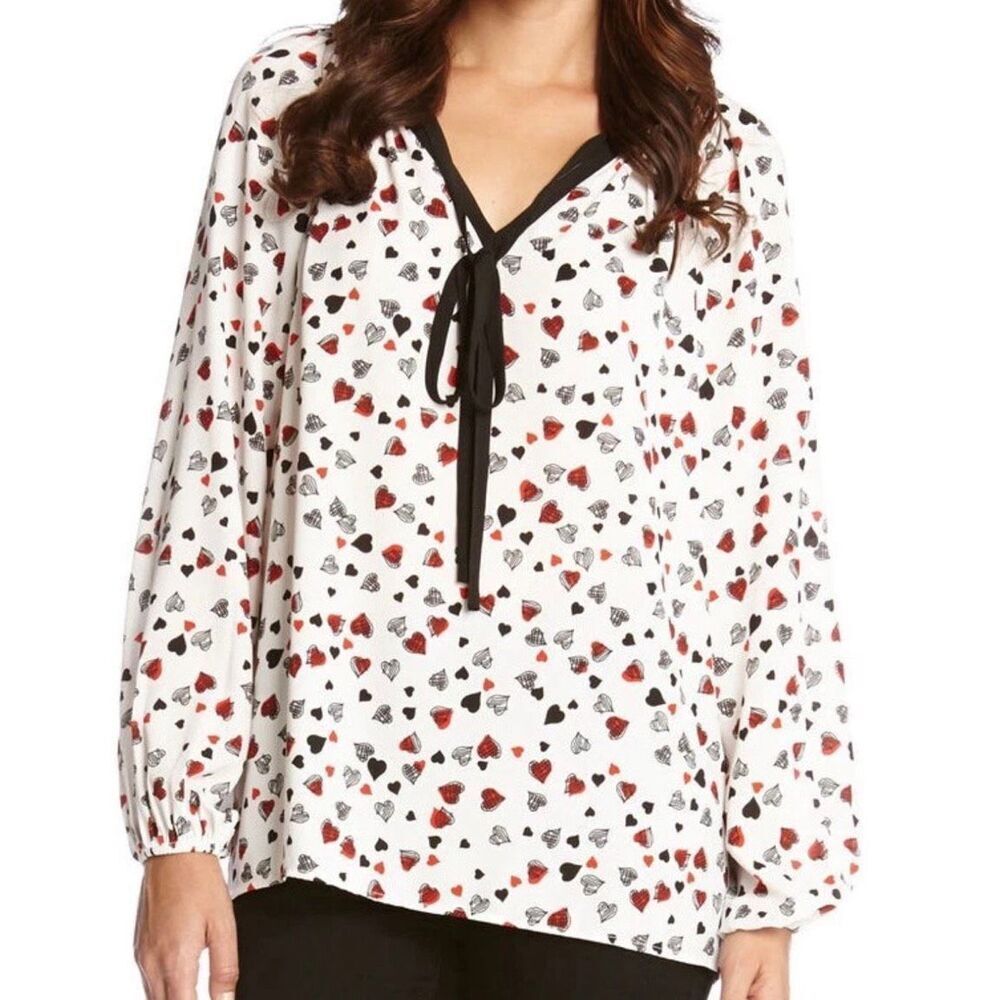 Karen Kane Heart Print Tie-Neck Blouse Women’s White Red Black Long Sleeve Sz M